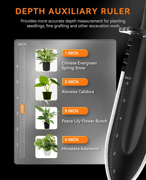 Depth auxiliary ruler with plant markers demonstrating Heavy Duty Metal Detecting Shovel With Serrated Blade For Treasure Hunting 12 Inch Manganese Steel Digging Tool With Depth Gauge And Sheath Built Tough For Beach Park And Field Adventures.