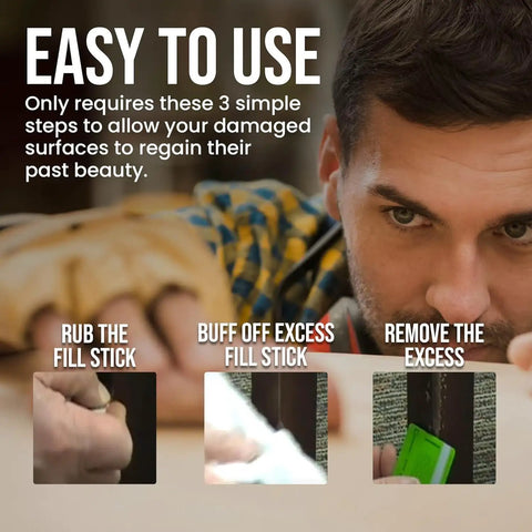Instructions for using White Wood Scratch Repair Fill Stick For Quick Touch Ups On Furniture Cabinets Hardwood Floors.