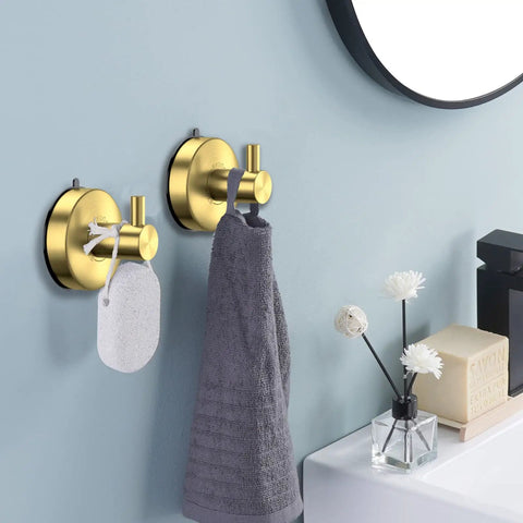 Set of 4 Brushed Gold Suction Cup Shower Hooks, 15 Lb Capacity holding towel and loofah in modern bathroom