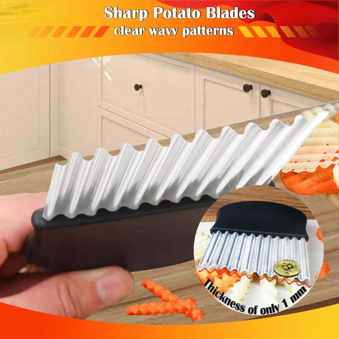 Kitchen crinkle cutter with ergonomic black handle and stainless steel wavy blade for potatoes and other vegetables