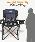Oversized Camping Chair Set 2 Pack Heavy Duty Folding Chairs Support Up To 500 Lbs with kettlebells showing stability; silhouette for scale.