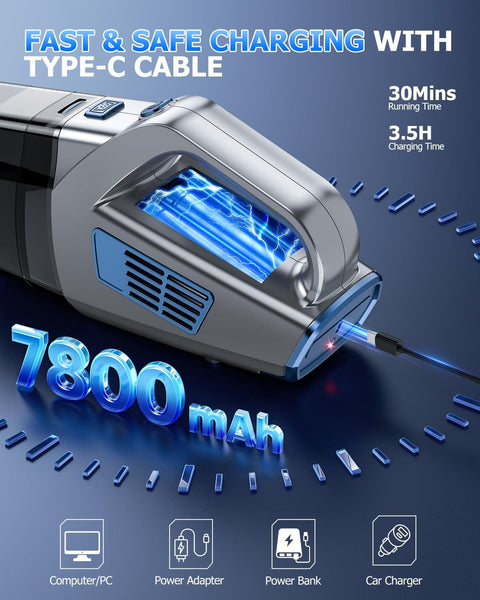 Cordless Handheld Vacuum With 16000 Pa Suction Rechargeable Portable Car And Home Cleaner charging with Type-C cable