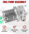 12V Inline Electric Fuel Pump For Carburetors Universal Replacement With Regulated 4-7 PSI Output One Quarter Inch Inlet And Outlet BSPT Rotary Vane Pump Workhorse Automotive Fuel Pump Kit For Car And Truck Projects shown against a blurred car background with installation icons.