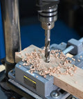 Seven-Eighths Inch HSS Brad Point Drill Bit for Wood drilling clean hole in workshop setup