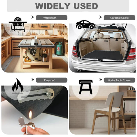 Premium Closed Cell Neoprene Foam Sheet With Adhesive Backing 12 X 59 X One Quarter Inch shown in various applications like workbench and car.