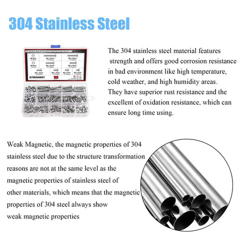304 stainless steel bolts and nuts kit with open case, highlighting corrosion resistance and 8 lengths for DIY projects