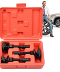 Heavy Duty Rear Axle Bearing Puller Tool Slide Hammer Extractor Kit With Three Sizes Plus Portable Case Makes Your Garage Hustle Go Faster On Any Vehicle And Keeps Setup Tidy For Simple Car Work By Beginners. red case with three axle bearing puller sizes beside SUV