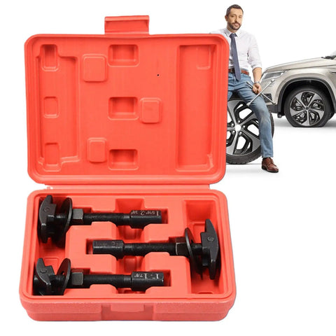Heavy Duty Rear Axle Bearing Puller Tool Slide Hammer Extractor Kit With Three Sizes Plus Portable Case Makes Your Garage Hustle Go Faster On Any Vehicle And Keeps Setup Tidy For Simple Car Work By Beginners. red case with three axle bearing puller sizes beside SUV