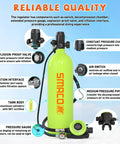 Compact 1.9L Mini Scuba Tank Kit with Hands-Free Vest and Extended Pressure Gauge for Underwater Breathing features diagram.