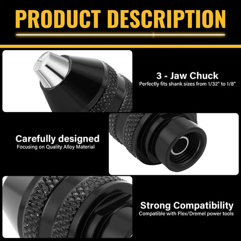 Close-up of 3-jaw chuck and components from 15-Piece Drill Chuck Collet Set For Dremel Rotary Tools 0.02in To 0.13in kit