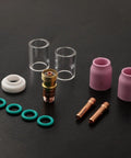 Pro Grade 12 Piece TIG Welding Torch Kit For WP17 WP18 WP26 Shorty Gas Lens Size 10, showing glass cups and nozzles