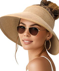 Women's Wide Brim Ponytail Straw Sun Hat Packable Foldable UPF Fifty Plus Khaki Beach Travel Floppy Hat For Outdoor All Day Sun Shield