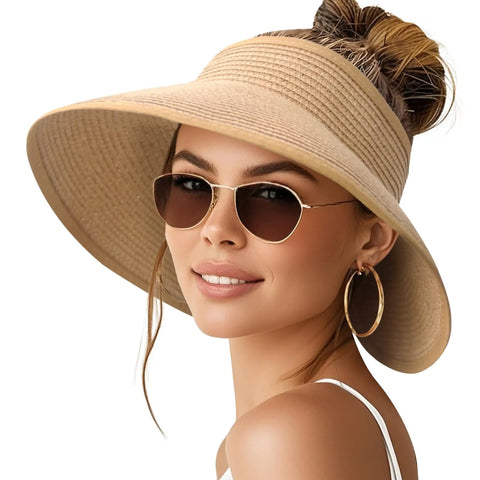 Women's Wide Brim Ponytail Straw Sun Hat Packable Foldable UPF Fifty Plus Khaki Beach Travel Floppy Hat For Outdoor All Day Sun Shield
