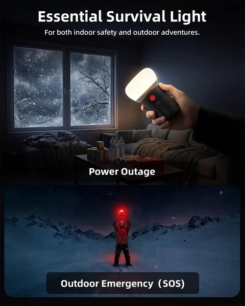 Rechargeable LED Camping Lantern With 6000mAh Battery used indoors during power outage and outdoors in snow emergency.