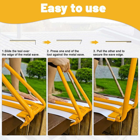 Standing Seam Roof Locker Tool For Metal Panels being used on eave edge, showing sequence of steps for locking and hemming.