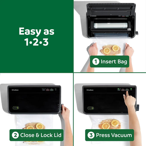 Automatic Vacuum Sealer Machine With Bag Detection And Sous Vide Friendly Design For Home Cooks Includes Pro Grade Sealer Bags And Roll Handheld Vacuum Sealer Dual Heat Seals For Airtight Freshness Black in use, step-by-step process shown on green background