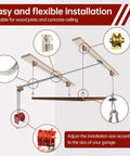 Beefy Ceiling Mounted Garage Storage Pulley Lift System, 300 Lb Capacity installation diagram showing components for bikes, boxes