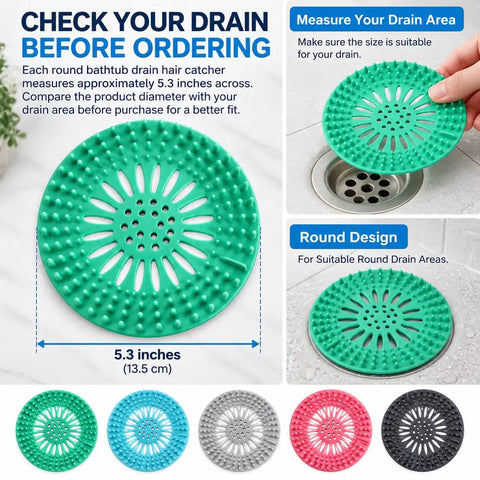 5 Pack Shower Drain Hair Catcher, 5.3 Inch covers in turquoise showing open drainage design for bathtub use.