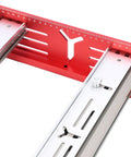 Close-up of Router Sled For Slab Flattening, DIY Woodworking Jig with red ruler, smooth flat surfaces with safety and precision.
