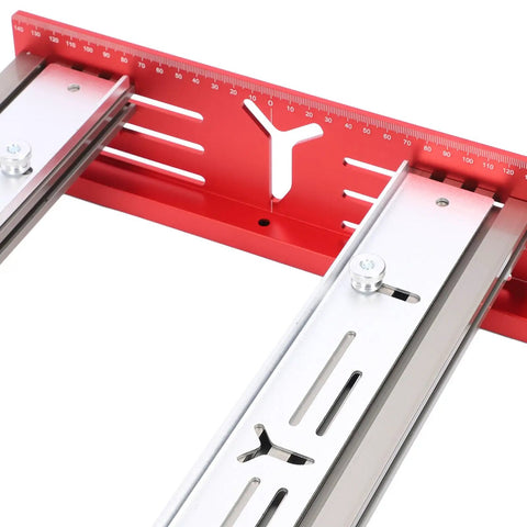 Close-up of Router Sled For Slab Flattening, DIY Woodworking Jig with red ruler, smooth flat surfaces with safety and precision.