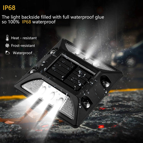 Close-up of a Solar Powered LED Deck Light in a 6 Pack, waterproof, showing IP68 rating and dual white LED lights.