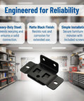 Heavy Duty Stainless Steel Furniture Joint Brackets Set For Quick Fitting Right Angle Corner Braces Rock Solid For Cabinets Drawers Tables And Chairs Black Finish 1.25x1.33x0.66 In 10 15 20 30 Pack in a workshop background.