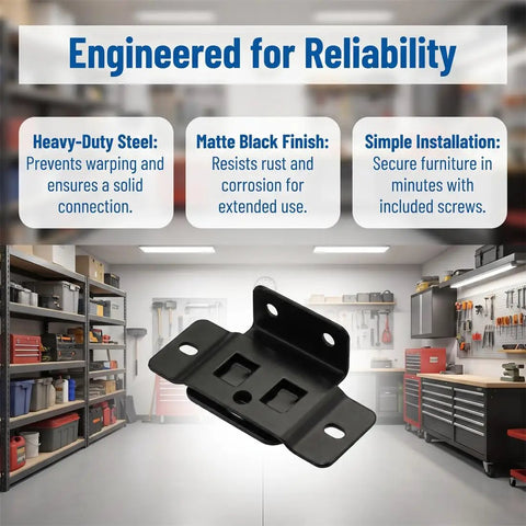 Heavy Duty Stainless Steel Furniture Joint Brackets Set For Quick Fitting Right Angle Corner Braces Rock Solid For Cabinets Drawers Tables And Chairs Black Finish 1.25x1.33x0.66 In 10 15 20 30 Pack in a workshop background.