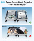 Travel Vacuum Bags With 2026 Latest Wireless Pump 8 Pack showing suitcase before and after compression with space saver bags for clothes.