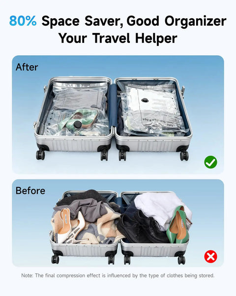 Travel Vacuum Bags With 2026 Latest Wireless Pump 8 Pack showing suitcase before and after compression with space saver bags for clothes.
