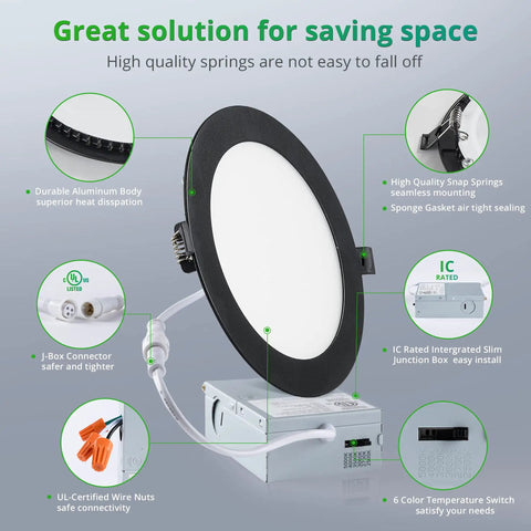 Product features of Six Inch Recessed Lighting Kit With Six Color Temperature Modes 2500K To 5000K Dimmable, showing design and specs.