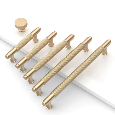 Premium Knurled Gold Cabinet Pulls Ten Pack Slick Seven Inch Center Metal Drawer Handles Heavy Duty on a white surface.