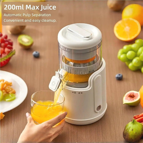Cordless Electric Citrus Juicer For Lemons And Oranges With Rechargeable Battery pouring fresh orange juice into glass