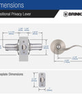 Image showing dimensions of Six Pack Satin Nickel Privacy Locking Wave Door Levers For Interior Doors, Transitional Bed Bath Hardware Set.