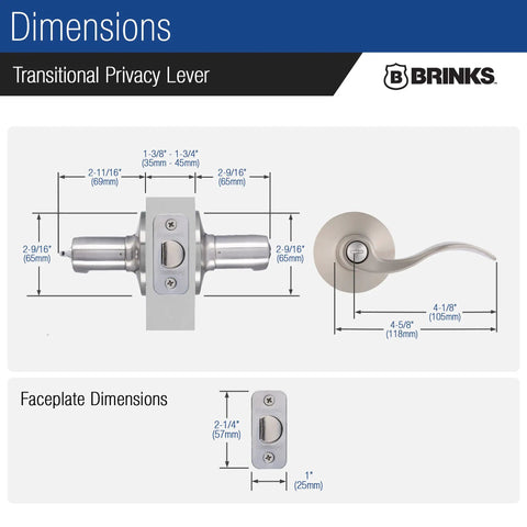 Image showing dimensions of Six Pack Satin Nickel Privacy Locking Wave Door Levers For Interior Doors, Transitional Bed Bath Hardware Set.