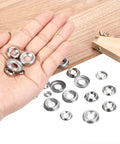 Built Tough Size Eight Countersunk Washers, 100 Pack Nickel Plated Steel Gaskets held in hand, showing various sizes and shapes.