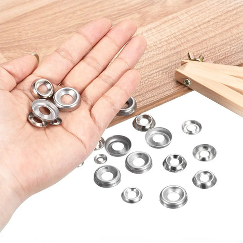 Built Tough Size Eight Countersunk Washers, 100 Pack Nickel Plated Steel Gaskets held in hand, showing various sizes and shapes.