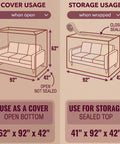 Diagram showing Dust Proof Moving Bag For Sofa And Boxes Clear 4Mil Virgin Plastic usage for cover and storage, sizes 92W x 42D x 62H and 41H.