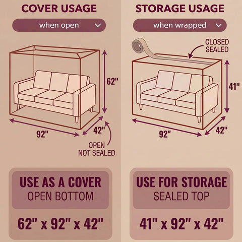 Diagram showing Dust Proof Moving Bag For Sofa And Boxes Clear 4Mil Virgin Plastic usage for cover and storage, sizes 92W x 42D x 62H and 41H.