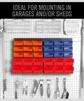 30 Bin Wall Mounted Storage Rack System for Heavy Duty Garage Organization with Pegboard Panels for holding screws, nuts