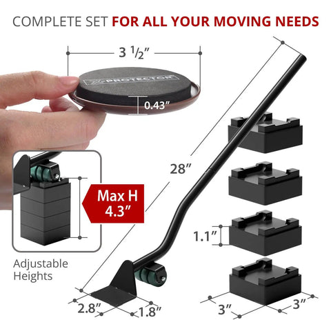 Heavy Duty Carpet Furniture Sliders 4 Pack With Ergonomic Steel Floor Lifter Tool Set To Hustle Through Big Moves No Sweat Keeping Your Finished Floors Scratch Free And Your Lower Back Happy showing dimensions and features.