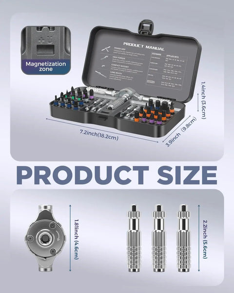 Do It All 40 In 1 Magnetic Ratchet Screwdriver Set with detachable alloy handle, shown with dimensions and S2 steel bits case.