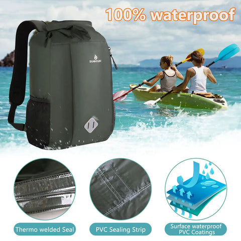 Green 20L Waterproof Dry Bag Backpack with Roll Top Closure, PVC coating, alongside kayakers