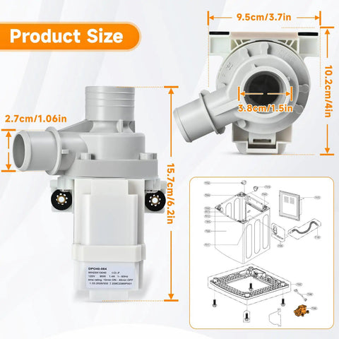 Drain Pump Replacement For Washer Fits GUD27ESSM1WW GTUN275EM GTUP240EM GTUP270GM And Kenmore 26615322 Easy Install No Fuss Durable Pump For Smooth Quiet Draining, white plastic washer pump size diagram