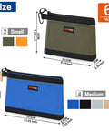 6 Pack Zipper Tool Pouches Set For Small Hand Tools And Hardware showing two sizes, small and medium, in green and blue colors.
