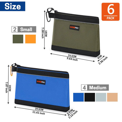 6 Pack Zipper Tool Pouches Set For Small Hand Tools And Hardware showing two sizes, small and medium, in green and blue colors.