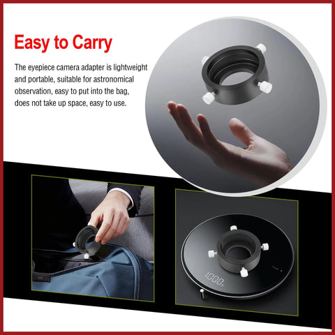 Hand holding Universal T2 Camera Photo Adapter for Telescope and Spotting Scope Eyepieces 52 to 59mm with knurled screws.