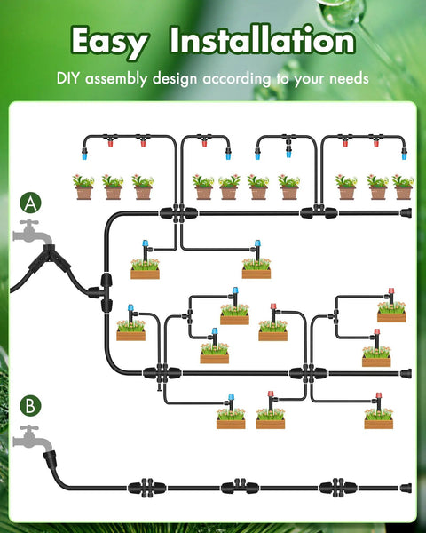 Illustration of All In One Drip Irrigation Kit For Garden And Greenhouse With One Half And One Quarter Inch Tubing and quick connectors.
