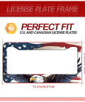 Patriotic Eagle License Plate Frame with stainless steel build and colorful flag design, measurements 12.2 inch by 6.3 inch