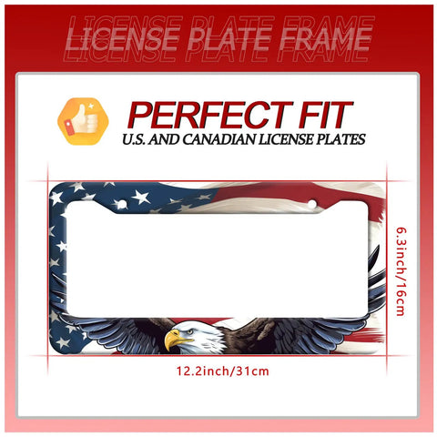 Patriotic Eagle License Plate Frame with stainless steel build and colorful flag design, measurements 12.2 inch by 6.3 inch