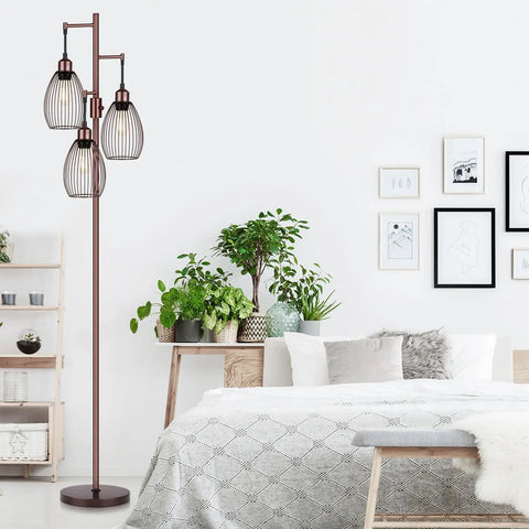 Dimmable Farmhouse Industrial Floor Lamp With Teardrop Cage Head, 70 Inch, in a bedroom with brown finish and plants
